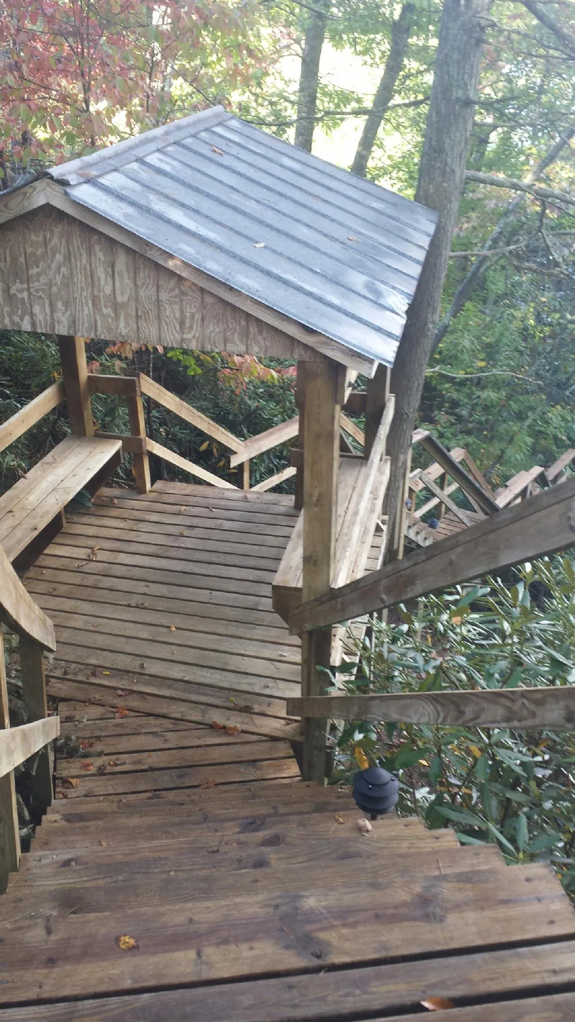 Metal roofed shelter over wooden steps on a wooded walkway — Skylight Repair & Installation work by our crew in Diamond